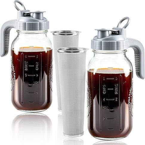 Cold Brew Coffee Maker 64oz Glass Mason Jar Pitcher with Pour Spout Lid | Airtight & Leak-Proof Glass Iced Coffee Pitcher with 304 Stainless Steel Filter Cold Brew Pitcher with Ergonomic Handle 2 Set in Saudi Arabia