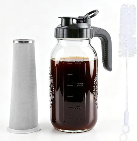 Cold Brew Coffee Maker 64oz Iced Coffee Maker with Stainless Steel Filter | Wide Mouth Glass Pitcher with Pour Spout Lid Cold Brew Pitcher with Ergonomic Handle Airtight Mason Jar Pitcher with Filter in Saudi Arabia
