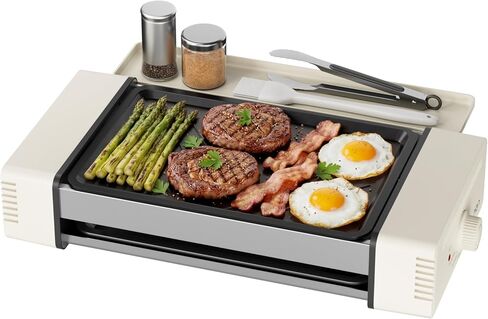 HBN Indoor Grill and Electric Griddle, 3-in-1 Smokeless Indoor Grill with Grill Rack & Nonstick Griddle & Sausage Grill Korean BBQ grill for Kitchen, Dishwasher Safe, 400F (Beige) in Saudi Arabia