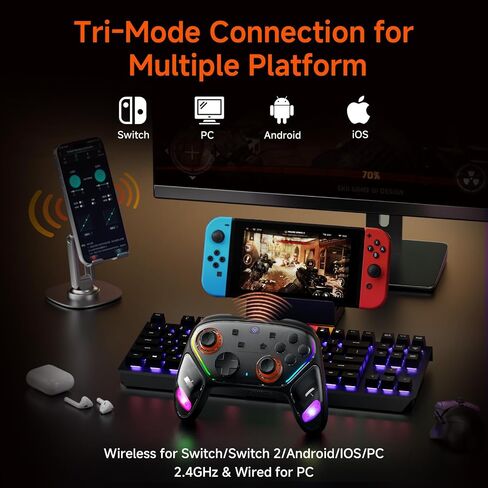 OLCLSS Wireless Switch Controller for Gaming, K-Silver Hall Effect Joystick | 1000 Hz Polling Rate, 2 Remappable Buttons, Turbo , RGB Light, Vibration Motors,Gamepad for Switch, PC, Android, Apple, Black in Saudi Arabia