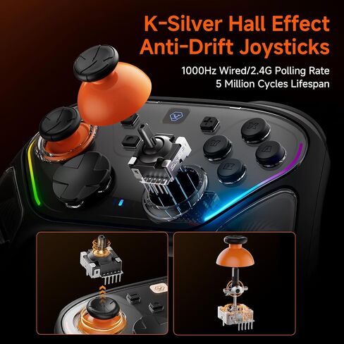 OLCLSS Wireless Switch Controller for Gaming, K-Silver Hall Effect Joystick | 1000 Hz Polling Rate, 2 Remappable Buttons, Turbo , RGB Light, Vibration Motors,Gamepad for Switch, PC, Android, Apple, Black in Saudi Arabia