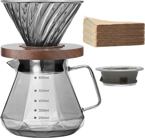Lalord Pour Over Coffee Maker, 20 oz Borosilicate Glass Carafe with 100 pcs V60 Paper Filter, Walnut Handle & Glass Lid, Drip Coffee Maker for Home Café Restaurant Camping, 600 ml, Clear in Saudi Arabia
