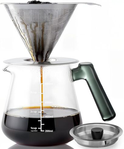 Aquach 28oz Pour Over Coffee Maker, Borosilicate Glass Carafe with Filter | Dishwasher Safe, 304 Stainless Filter, Green Handle, Refrigerator Safe, Coffee Lover Gift in Saudi Arabia