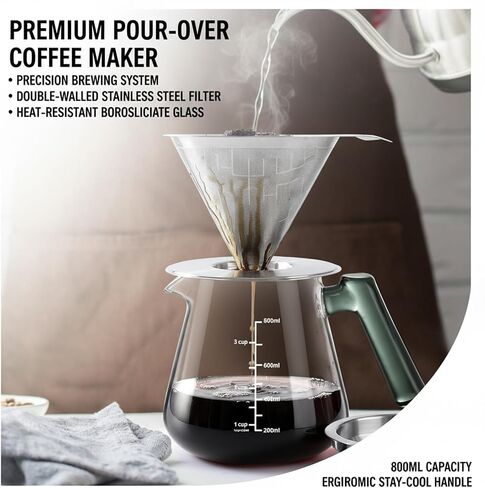 Aquach 28oz Pour Over Coffee Maker, Borosilicate Glass Carafe with Filter | Dishwasher Safe, 304 Stainless Filter, Green Handle, Refrigerator Safe, Coffee Lover Gift in Saudi Arabia