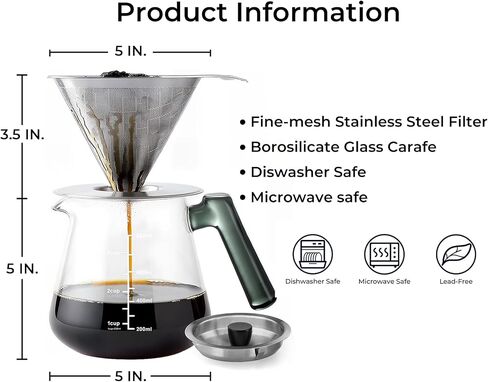 Aquach 28oz Pour Over Coffee Maker, Borosilicate Glass Carafe with Filter | Dishwasher Safe, 304 Stainless Filter, Green Handle, Refrigerator Safe, Coffee Lover Gift in Saudi Arabia