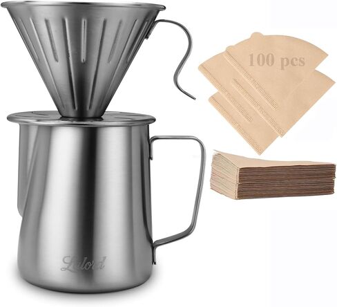 Lalord Pour Over Coffee Maker, 304 Stainless Steel wIth 100 pcs Paper Filters & 600ml Milk Frothing Pitcher, for Home & Camping in Saudi Arabia