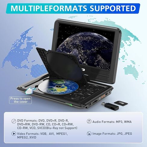 مشغل DVD محمول PJGCWB مقاس 11.5 بوصة مع شاشة دوارة مقاس 9.5 بوصة، بطارية قابلة لإعادة الشحن لمدة 5 ساعات، مشغل DVD للسيارة للأطفال، يدعم بطاقة SD/USB/CD/DVD وتنسيقات أقراص متعددة، مكبر صوت عالي الحجم (بوصة، 9.5) in Kuwait