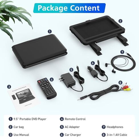 مشغل DVD محمول PJGCWB مقاس 11.5 بوصة مع شاشة دوارة مقاس 9.5 بوصة، بطارية قابلة لإعادة الشحن لمدة 5 ساعات، مشغل DVD للسيارة للأطفال، يدعم بطاقة SD/USB/CD/DVD وتنسيقات أقراص متعددة، مكبر صوت عالي الحجم (بوصة، 9.5) in Kuwait