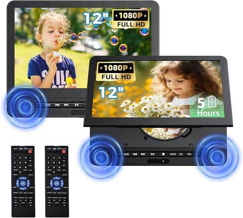 DESOBRY 12.5" Dual Portable DVD Player for Car, 5-Hour Rechargeable Battery | Car Headrest DVD Player Play Same or Two Different Movies, Support USB/Sync TV, Region Free, Last Momory in Kuwait