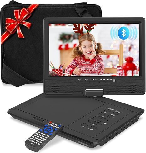 HotHat Bluetooth Headrest DVD Player, Portable with 10.1" Swivel Screen | 5-Hour Rechargeable Battery, Support USB/SD, Sync TV, Region-Free, Wired+BT Earphones, Headrest Mount for Car/Kids in Saudi Arabia