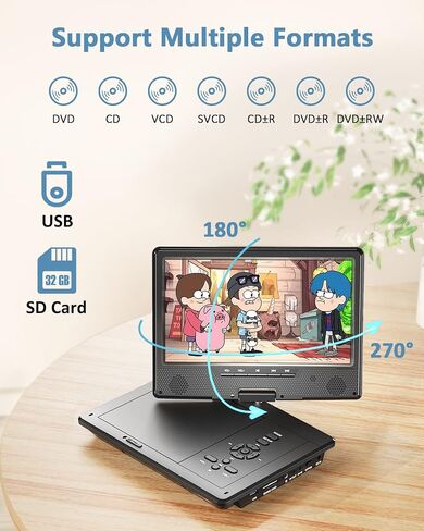 Arafuna 12.5" Portable DVD Player for Car with Car Headrest Holder | 10.5" HD Swivel Screen, 5-Hour Rechargeable, Support USB/SD/AV/Sync TV, Regions Free, Last Memory in Kuwait