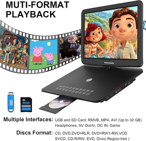 19.6" Portable DVD Player with 17.6’’ Large HD Screen, 4-5Hrs Play, DVD Player Portable with Dual Speaker, Last Memory, Support SYNC TV/USB/SD Card, Play All Discs Format, Black | 4-5Hrs Play, Large DVD Player Portable with Dual Speakers, Last Memory, 270 in Saudi Arabia