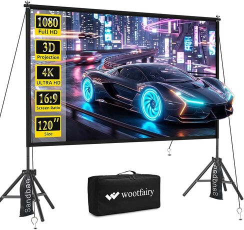 Wootfairy 120inch Projector Screen with Stand Portable Indoor Outdoor Use | Foldable Anti-Crease 16:9 4K HD Front Rear Washable Projection Movie Screen with Carry Bag for Home Theater Backyard Camping in Saudi Arabia