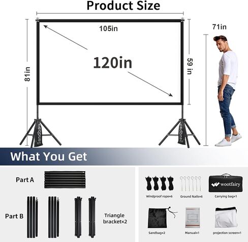 Wootfairy 120inch Projector Screen with Stand Portable Indoor Outdoor Use | Foldable Anti-Crease 16:9 4K HD Front Rear Washable Projection Movie Screen with Carry Bag for Home Theater Backyard Camping in Saudi Arabia