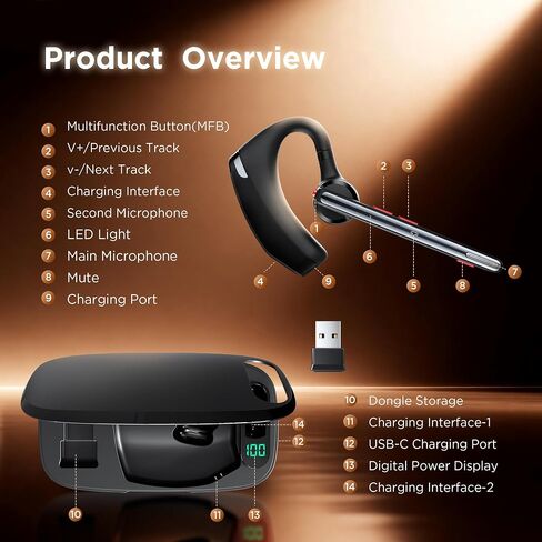 Bluetooth Headset V5.3, Wireless Headset with Dual Noise-Canceling Microphones, Portable Charging Case, 300H Standby Time, Hands Free Headphones for Computer/Cell Phones, Trucker/Home/Office/Work in Kuwait