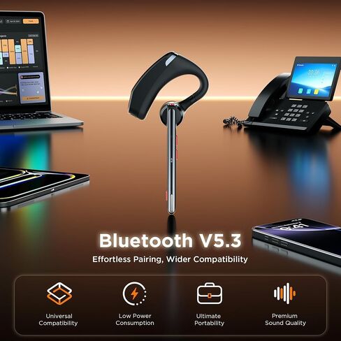 Bluetooth Headset V5.3, Wireless Headset with Dual Noise-Canceling Microphones, Portable Charging Case, 300H Standby Time, Hands Free Headphones for Computer/Cell Phones, Trucker/Home/Office/Work in Kuwait