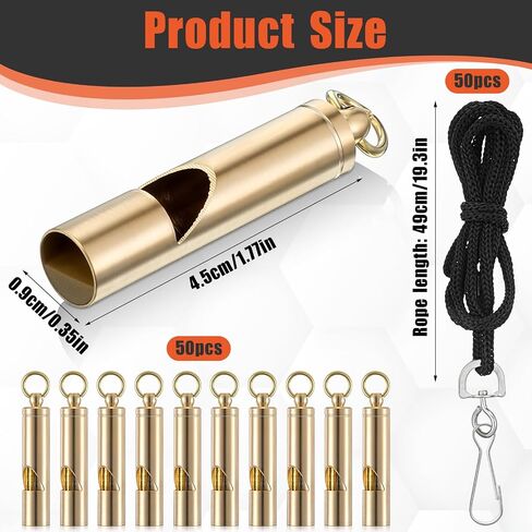 50 Pcs Brass Emergency Whistles with Lanyard, Pealess Safety Whistle Survival Loud Blast for Outdoor Sports, Referee, Lifesaving Training, Boating, Camping, Hiking, Hunting, Adults in Saudi Arabia