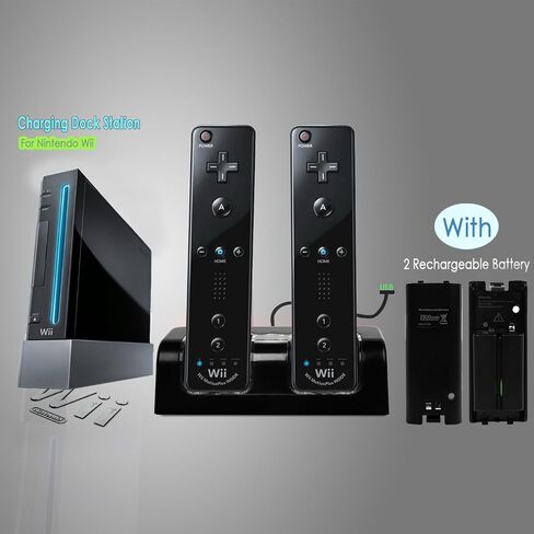 قاعدة شحن مزدوجة GPCT Wii مع بطاريتين قابلتين للشحن وقاعدة إرساء + مصابيح LED لجهاز التحكم عن بعد Wii (نينتندو وي (أسود/1 حزمة)) in Kuwait