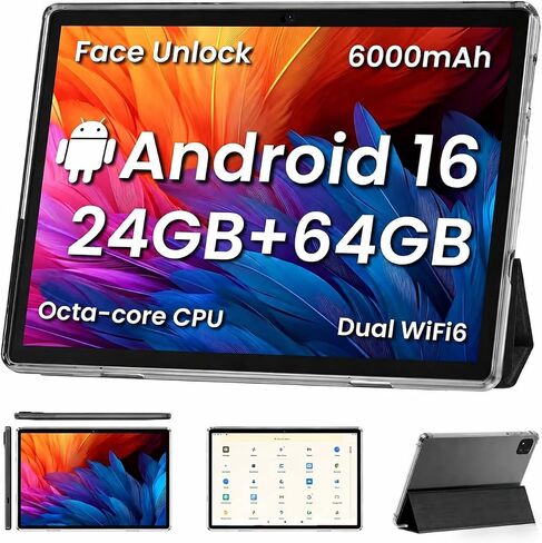TUOHAITIME Android 16 Tablet,10 inch Tablets, Octa Core CPU, Black | 24GB+64GB+512GB Expansion, 1280x800 Display Screen, WiFi6, Dual Cameras, 6000mAh Battery, Widevine L1 Google Kids Space in Saudi Arabia