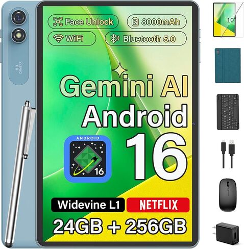 Android 10 inch Tablet with Keyboard, Android 16, 24GB+256GB+2TB-Black Case | Electronic Tablet with 8-Core, Gemini AI, WiFi, 8000mAh, GPS, 2-in-1 Tablet with Case/Mouse/Stylus in Saudi Arabia