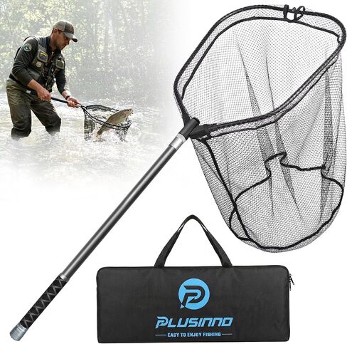 PLUSINNO Large Fishing Net, 3.4-7.7 FT Carbon Fiber Fish Net with Long Telescoping Handle, Kayak Fishing Gear Accessories Foldable Landing Net for Bass, Trout, Catfish, Fishing Gifts for Men Father in Saudi Arabia