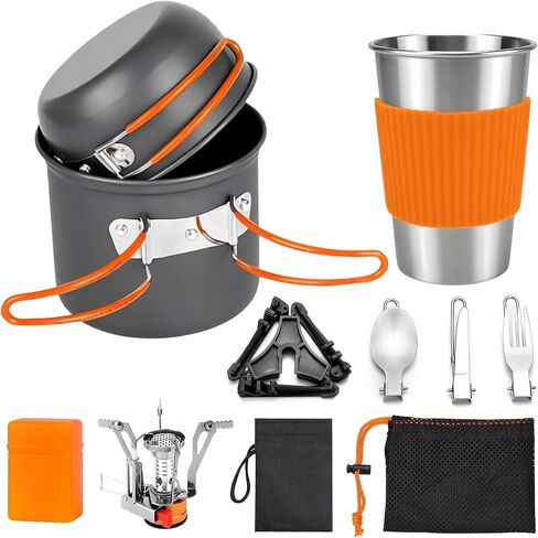 aiGear 8pcs Camping Cooking Set for 1-2 People with Pot Cutlery Stove Stand | Lightweight aluminum nonstick cookware, folding handles, nesting design, portable for camping, picnic, hiking, backpacking in Saudi Arabia