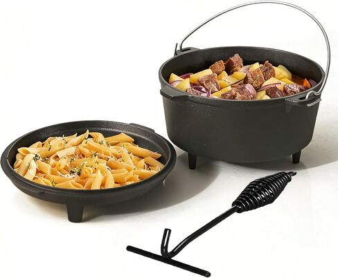 6.3qt Cast Iron Camping Dutch Oven,with 12inch Skillet Lid Outdoor Dutch Oven,Includes Claw Foot kazan for Baking,Braising,Campfire Cooking in Saudi Arabia