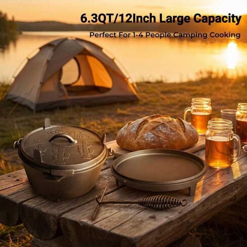 6.3qt Cast Iron Camping Dutch Oven,with 12inch Skillet Lid Outdoor Dutch Oven,Includes Claw Foot kazan for Baking,Braising,Campfire Cooking in Saudi Arabia