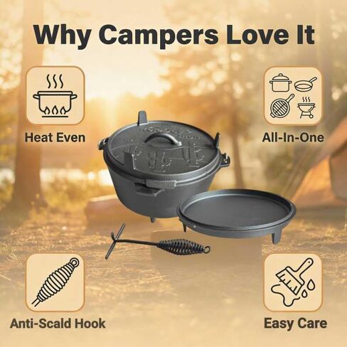 6.3qt Cast Iron Camping Dutch Oven,with 12inch Skillet Lid Outdoor Dutch Oven,Includes Claw Foot kazan for Baking,Braising,Campfire Cooking in Saudi Arabia