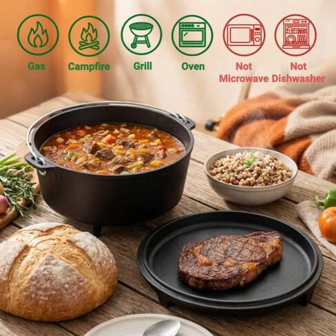 6.3qt Cast Iron Camping Dutch Oven,with 12inch Skillet Lid Outdoor Dutch Oven,Includes Claw Foot kazan for Baking,Braising,Campfire Cooking in Saudi Arabia