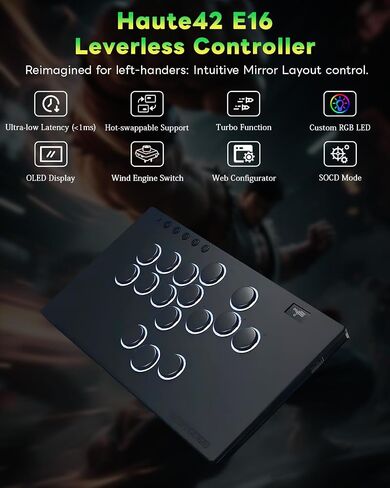 Sehawei Haute42 E16 Left-Handed Leverless Arcade Controller, Mirror Layout | Ultra-Slim Mirror Layout Fight Stick，Custom RGB, SOCD, Turbo & Lock Button for PC, PS4, PS3, Switch/Switch2 in Saudi Arabia