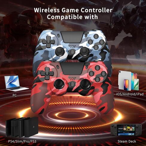 hosowe 2-Pack Wireless Controllers for PS4, Game Controllers Compatible with PS4/Pro/Slim/PC, Dual Vibration, 6-Axis Gyro Sensor, Touch Panel, Built-in Speaker & Headphone Jack, Camouflage Red & Blue in Saudi Arabia