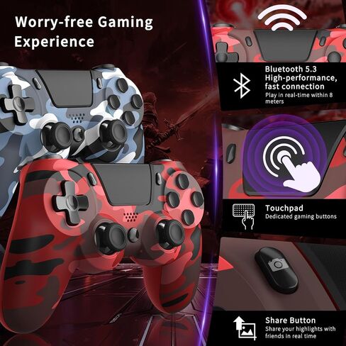 hosowe 2-Pack Wireless Controllers for PS4, Game Controllers Compatible with PS4/Pro/Slim/PC, Dual Vibration, 6-Axis Gyro Sensor, Touch Panel, Built-in Speaker & Headphone Jack, Camouflage Red & Blue in Saudi Arabia