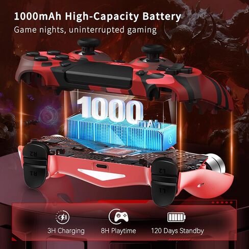 hosowe 2-Pack Wireless Controllers for PS4, Game Controllers Compatible with PS4/Pro/Slim/PC, Dual Vibration, 6-Axis Gyro Sensor, Touch Panel, Built-in Speaker & Headphone Jack, Camouflage Red & Blue in Saudi Arabia