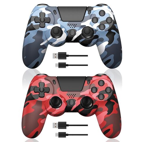 hosowe 2-Pack Wireless Controllers for PS4, Game Controllers Compatible with PS4/Pro/Slim/PC, Dual Vibration, 6-Axis Gyro Sensor, Touch Panel, Built-in Speaker & Headphone Jack, Camouflage Red & Blue in Saudi Arabia