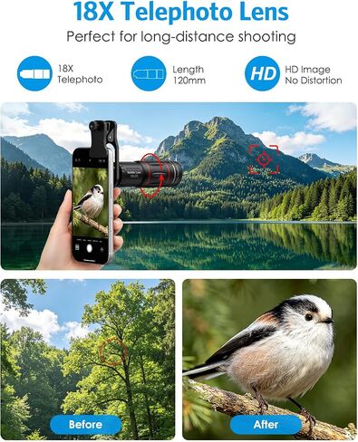 AMIR 18X Telephoto Lens, High Power Phone Camera Lens with Tripod, HD Monocular Telescope Attachment for Samsung, Android & iPhone, Smartphones in Saudi Arabia