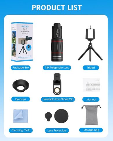 AMIR 18X Telephoto Lens, High Power Phone Camera Lens with Tripod, HD Monocular Telescope Attachment for Samsung, Android & iPhone, Smartphones in Saudi Arabia