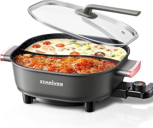 Stariver 6L Electric Hot Pot with Divider, Dual-Flavor Shabu Shabu Pot | 1300W Fast Heating, 5-Temp Control & Non-Stick Coating, Great for Shabu Shabu, Fondue, Family Dinner, Party, Home, Dorm in Saudi Arabia