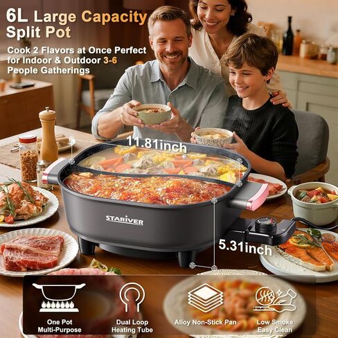 Stariver 6L Electric Hot Pot with Divider, Dual-Flavor Shabu Shabu Pot | 1300W Fast Heating, 5-Temp Control & Non-Stick Coating, Great for Shabu Shabu, Fondue, Family Dinner, Party, Home, Dorm in Saudi Arabia