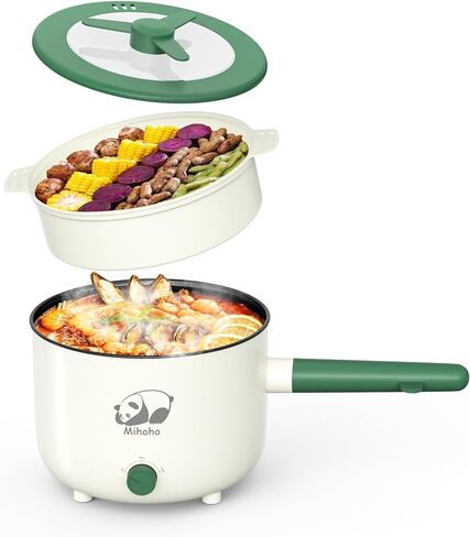 Electric Hot Pot with Steamer, Portable Nonstick Frying Pan with Dual Power Control, Electric Shabu Shabu Cooker for Noodle, Oatmeal, Pasta, Ramen, 1.5L (Green W) in Saudi Arabia