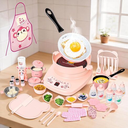 Mini Real Cooking Set for Teens ，42 PCS Electric Hot Plate Kit (Pink) | with Pot, Frying Pan, Steamer, Apron, Utensils and Accessories for Supervised Food Making in Saudi Arabia