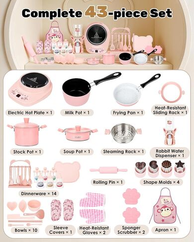 Mini Real Cooking Set for Teens ，42 PCS Electric Hot Plate Kit (Pink) | with Pot, Frying Pan, Steamer, Apron, Utensils and Accessories for Supervised Food Making in Saudi Arabia
