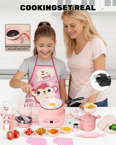 Mini Real Cooking Set for Teens ，42 PCS Electric Hot Plate Kit (Pink) | with Pot, Frying Pan, Steamer, Apron, Utensils and Accessories for Supervised Food Making in Saudi Arabia