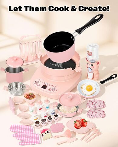 Mini Real Cooking Set for Teens ，42 PCS Electric Hot Plate Kit (Pink) | with Pot, Frying Pan, Steamer, Apron, Utensils and Accessories for Supervised Food Making in Saudi Arabia