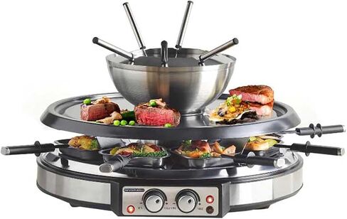 GIVENEU 2-in-1 Fondue Pot & Raclette Grill Set, 8 Person, 1500W, 600ml | Dual Thermostats, Dishwasher Safe, Non-Stick Grill Plate; Cheese & Chocolate Fondue; Christmas, Thanksgiving, Kitchen Gift in Saudi Arabia