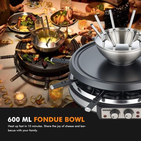 GIVENEU 2-in-1 Fondue Pot & Raclette Grill Set, 8 Person, 1500W, 600ml | Dual Thermostats, Dishwasher Safe, Non-Stick Grill Plate; Cheese & Chocolate Fondue; Christmas, Thanksgiving, Kitchen Gift in Saudi Arabia