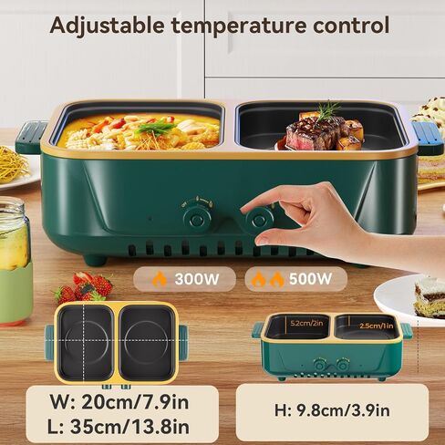 2-in-1 Electric Hot Pot and Grill Combo,1000W Dual Temper Control, Fast Heating - Indoor Cooking Appliance for BBQ, Steaks, Noodles & More - Suitable for Up to 3 People (Green T) in Saudi Arabia