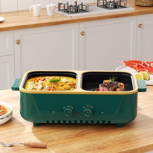 2-in-1 Electric Hot Pot and Grill Combo,1000W Dual Temper Control, Fast Heating - Indoor Cooking Appliance for BBQ, Steaks, Noodles & More - Suitable for Up to 3 People (Green T) in Saudi Arabia