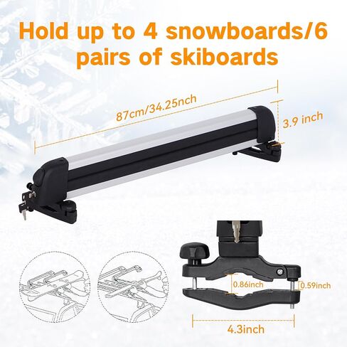 Ski& Snowboard Roof Racks, Ski Roof Racks with Anti-Theft Lock Racks Carrier for Snowboards Universal Ski Top Holder Fits for Square/Aero/Oval Cross Bars, Silver, Large in Saudi Arabia