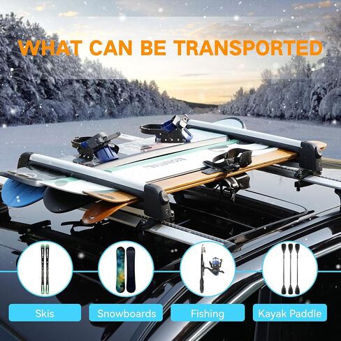 Ski& Snowboard Roof Racks, Ski Roof Racks with Anti-Theft Lock Racks Carrier for Snowboards Universal Ski Top Holder Fits for Square/Aero/Oval Cross Bars, Silver, Large in Saudi Arabia